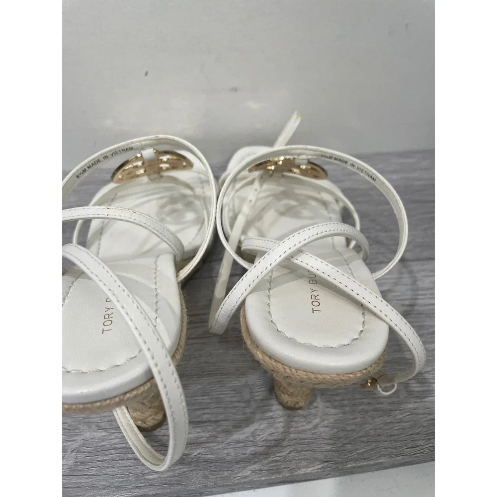Tory Burch Miller Wedge Sandals White Leather Gold Logo Espadrille 6.5M 89131